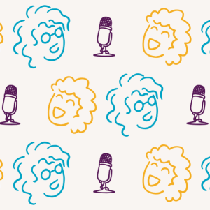 illustrations of heads and a mic